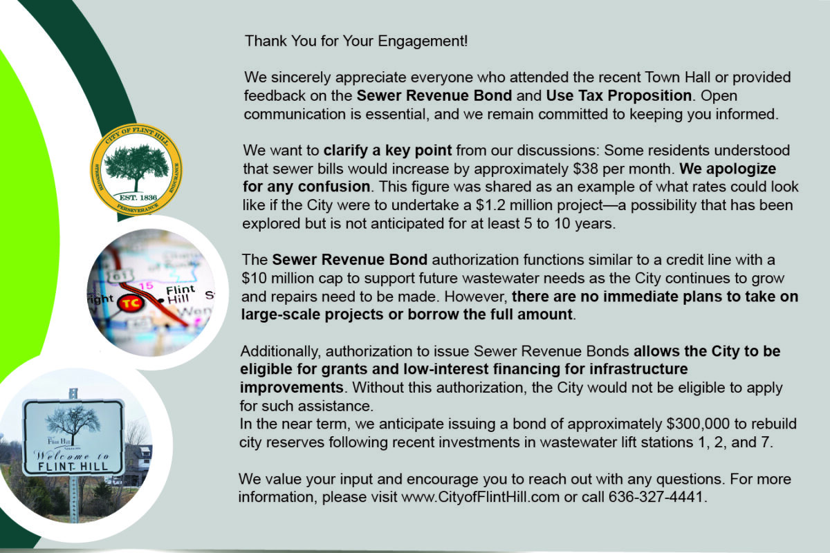 Thank You for Your Engagement!
We sincerely appreciate everyone who attended the recent Town Hall or provided feedback on the Sewer Revenue Bond and Use Tax Proposition. Open communication is essential, and we remain committed to keeping you informed.